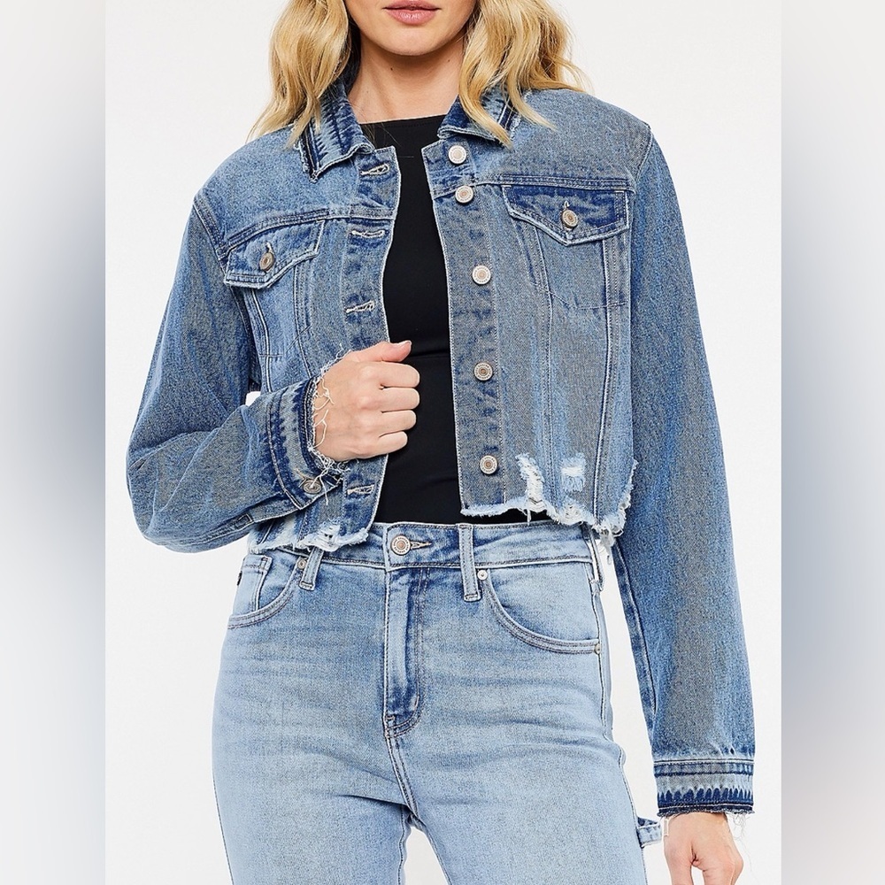 KanCan Ripped Hem Cropped Denim Jacket - Size L